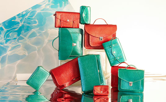 Colorful red and blue leather bags