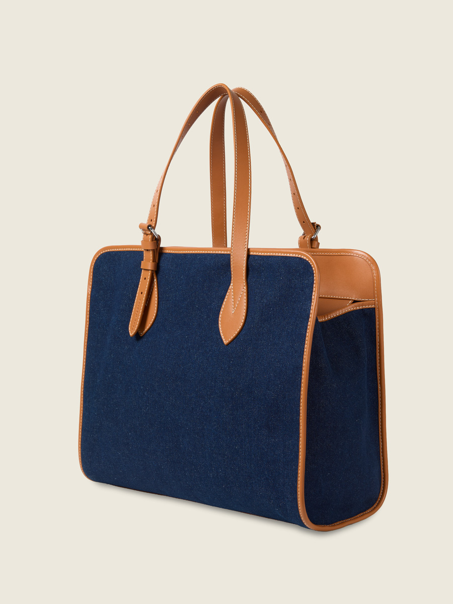 Large blue jean & leather tote bag LeCabas L Escapade - Denim Brut inside view
