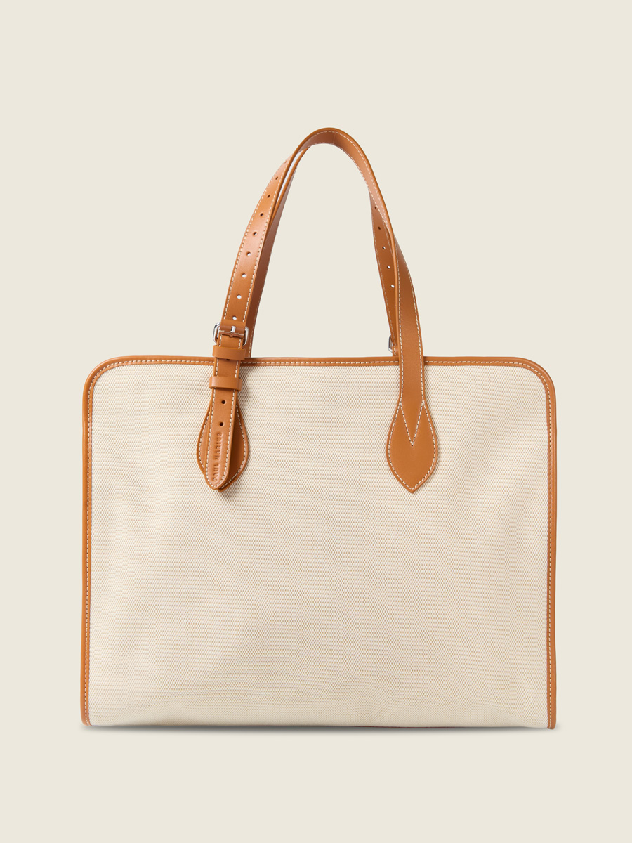 Large beige canavas tote bag  LeCabas L Escapade - Beige Canvas front view