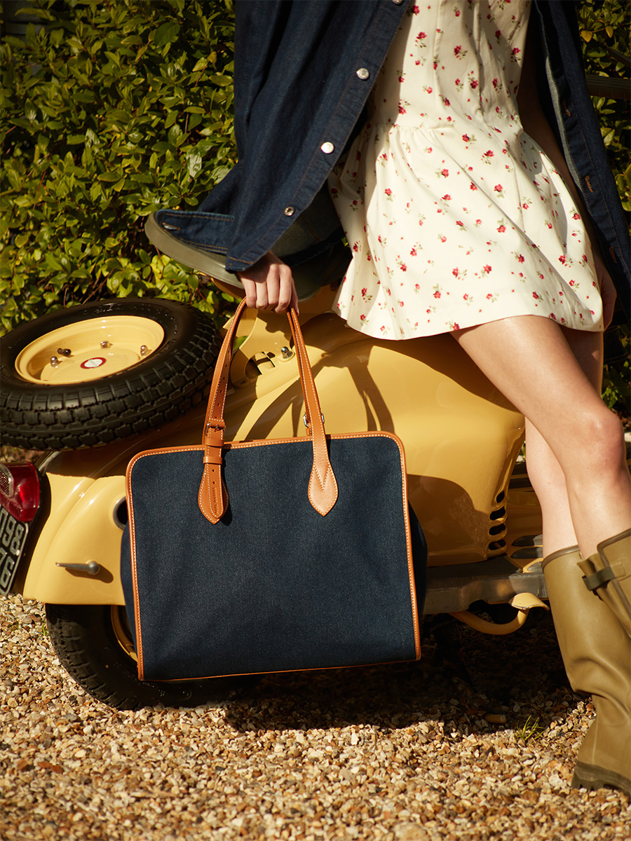 Large blue jean & leather tote bag LeCabas L Escapade - Denim Brut side view