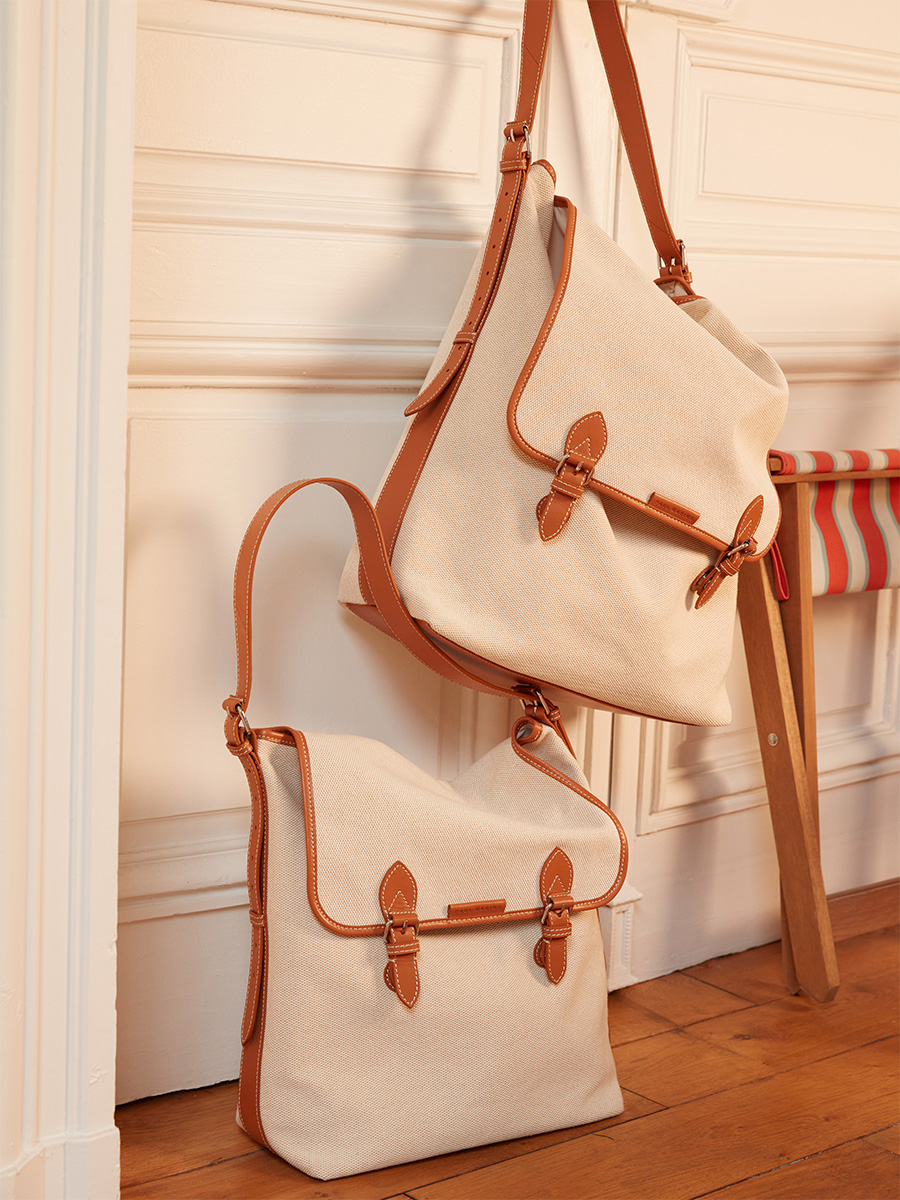 Large beige canvas crossbody bag Loulou L Escapade - Beige Canvas back view