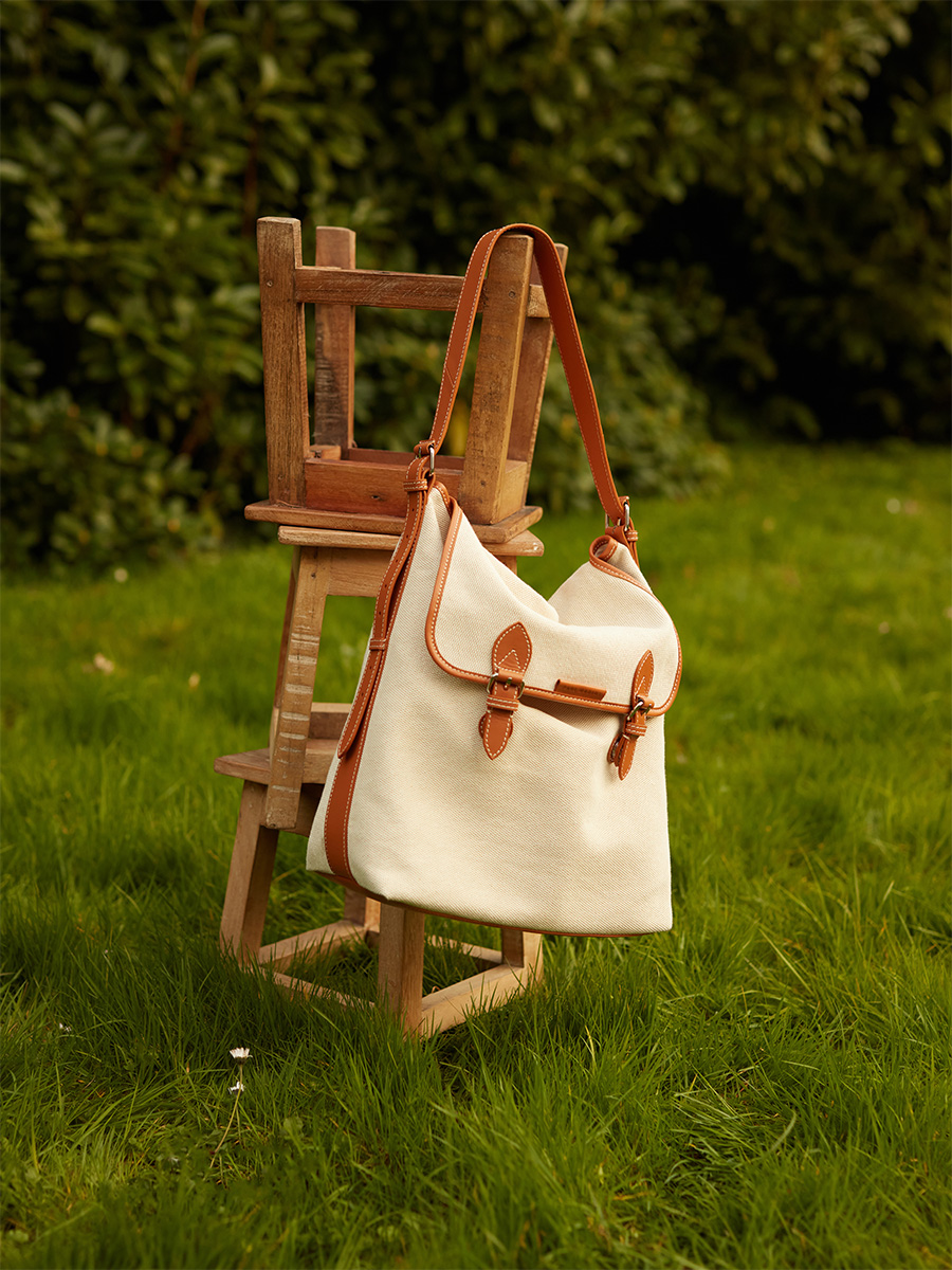 Large beige canvas crossbody bag Loulou L Escapade - Beige Canvas ambient view