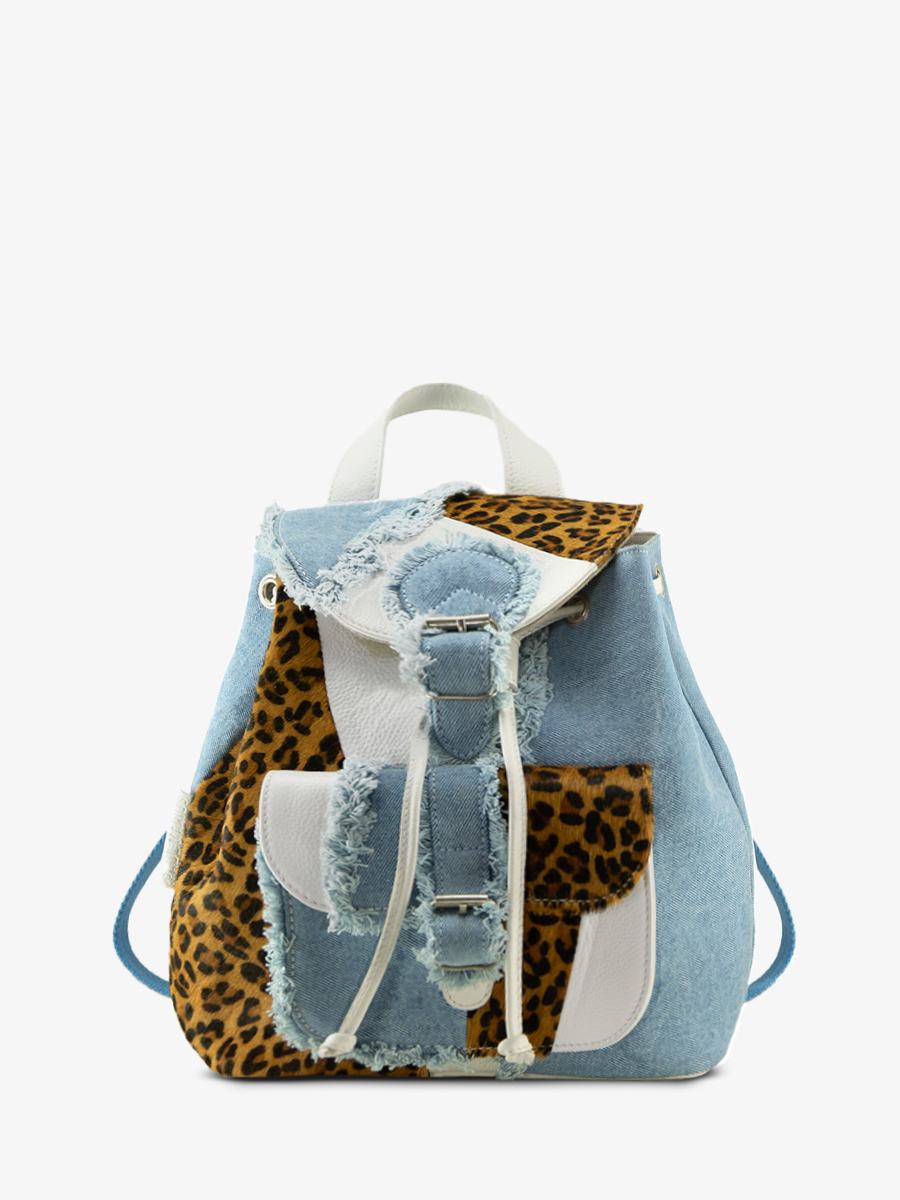 white-leopard-leather-backpack-lebaroudeur-chimere-denim-white-paul-marius-front-view-picture-m40-ch-w-denim
