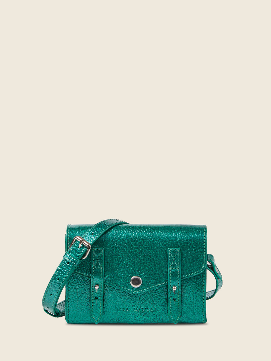 Small blue leather crossbody bag LeMini Indispensable - Lagoon Star front view