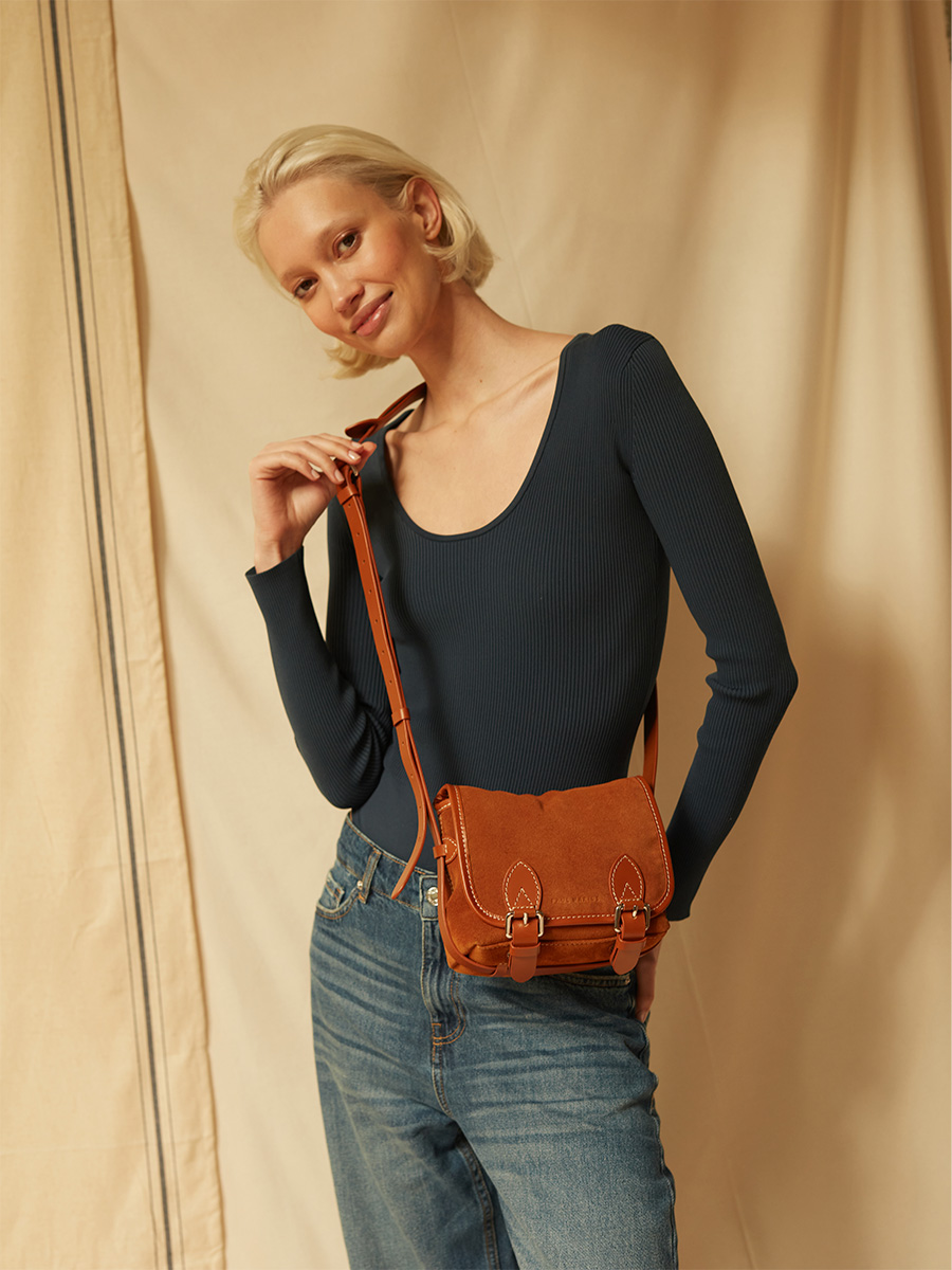 Suede mini crossbody bag Loulou S - Brick back view