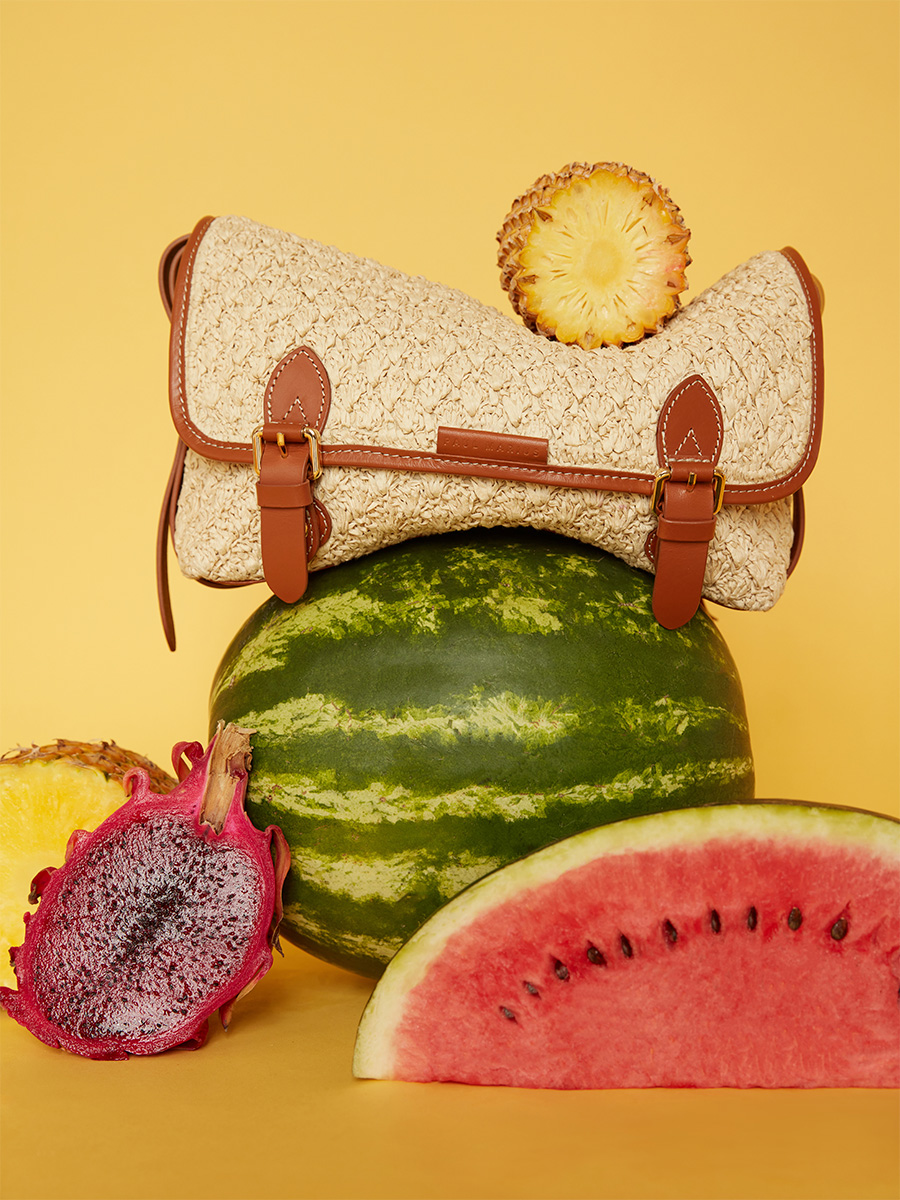 Raffia and leather crossbody bag Loulou Raphia - Natural / Cognac back view