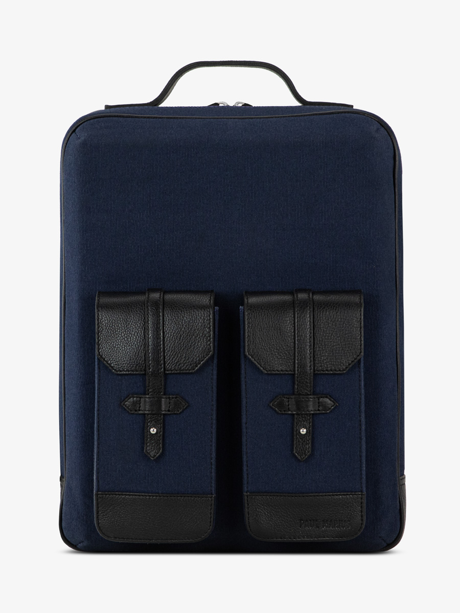 leather-backpack-unisex-black-blue-front-view-picture-urbain-black-navy-blue-canvas-paul-marius-b08-obl-bluc