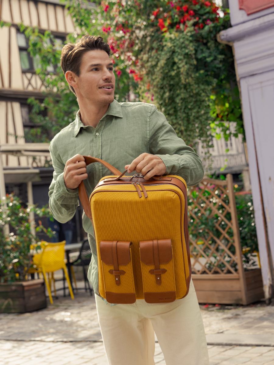 leather-backpack-unisex-brown-yellow-focus-material-view-picture-urbain-light-brown-saffron-canvas-paul-marius-b08-ol-yc
