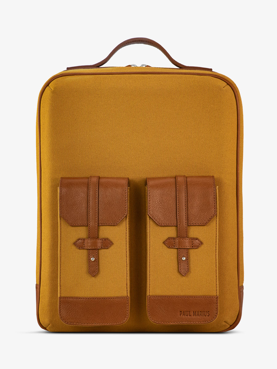 leather-backpack-unisex-brown-yellow-front-view-picture-urbain-light-brown-saffron-canvas-paul-marius-b08-ol-yc