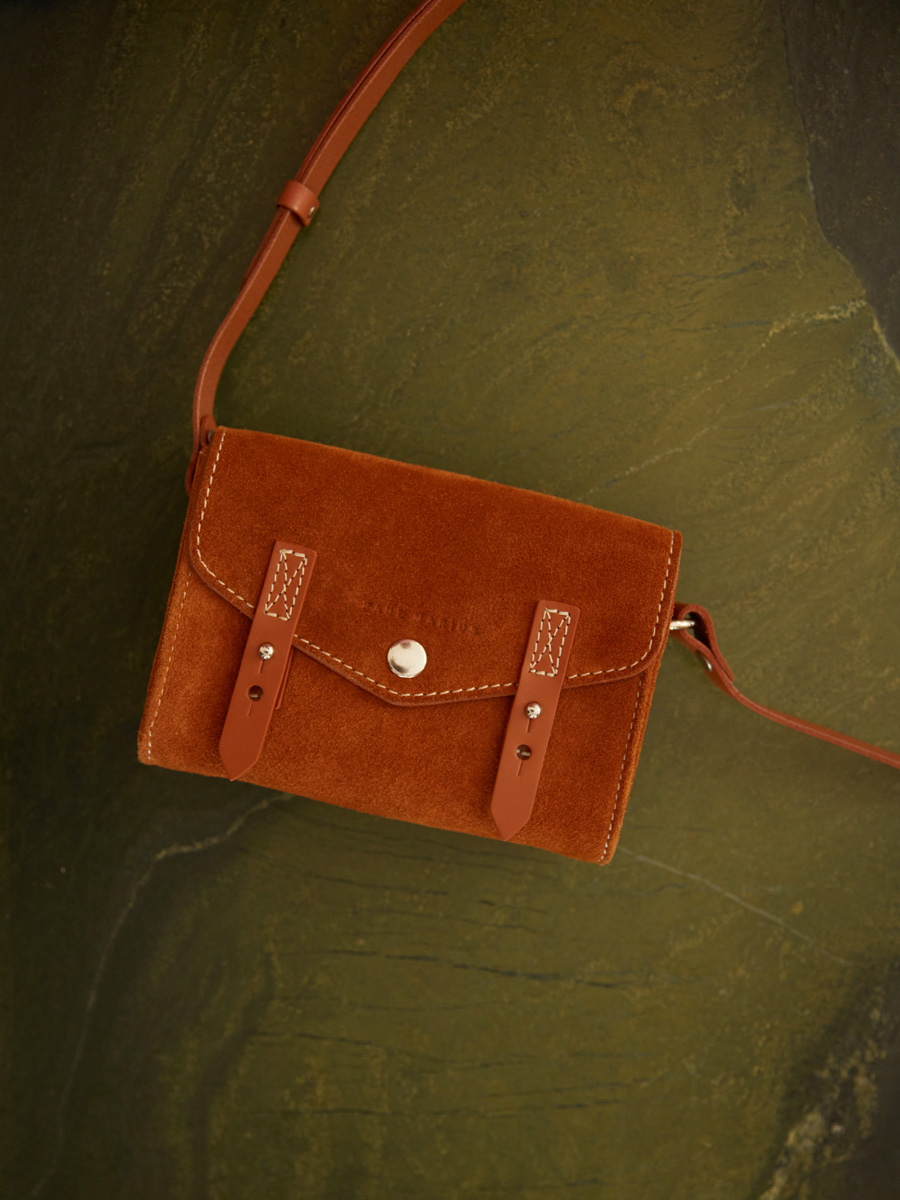 Small brown suede crossbody bag LeMini Indispensable - Brick ambient view