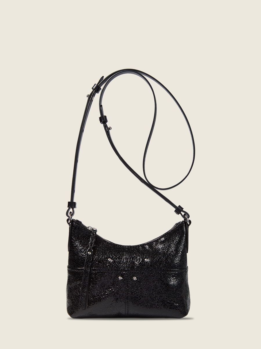 Shimmering black leather shoulder strap bag LeLoustic - Eclipse front view