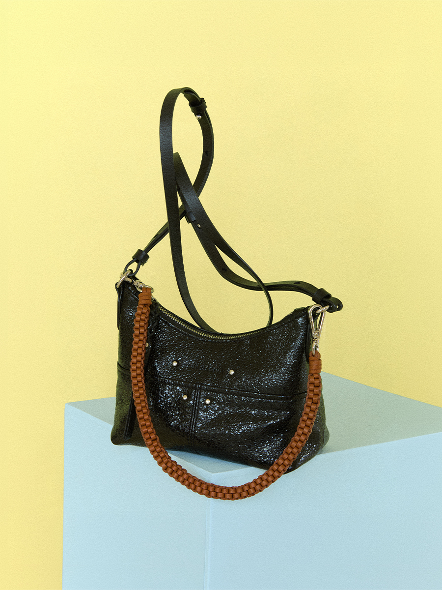 Shimmering black leather shoulder strap bag LeLoustic - Eclipse focus material photo